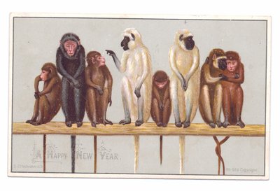 Viktorianische Neujahrskarte mit acht Affen auf einem Sims, ca. 1880 (Farblithographie) von English School