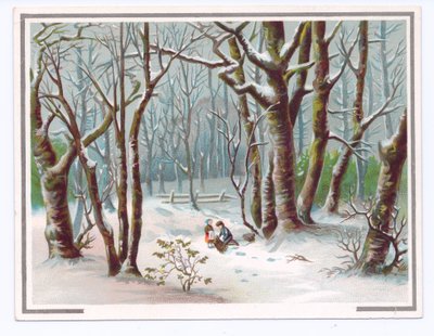 Viktorianische Grußkarte mit zwei Kindern, die im Schnee Zweige sammeln, ca. 1880 von English School