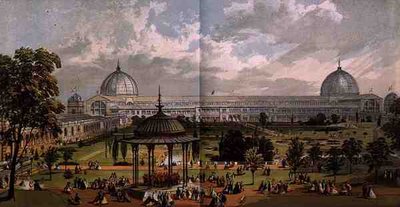 Blick von den Horticultural Gardens auf das Äußere der Großen Ausstellung von 1851, aus Dickinson