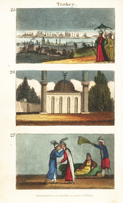Ansicht von Konstantinopel (Istanbul) im frühen 19. Jahrhundert: Muslimische Moschee mit Kuppel und Minaretten und junge griechische Frauen, die sich auf die Augen küssen von English School