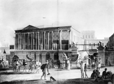 Ansicht eines Hauses, einer Manufaktur und eines Basars in Kalkutta, graviert von Francis Jukes, 1795 (Aquatinta) von English School