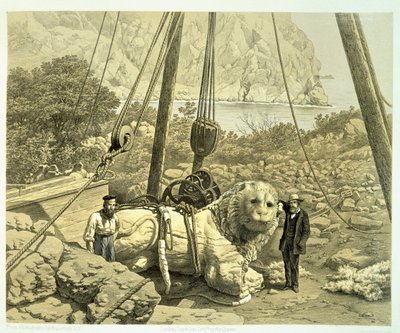 Ansicht eines kolossalen Löwen, der aufgerichtet wird, aus A History of Discoveries at Helicarnassus, Cnidus, & Branchidae, von Charles Thomas Newton, veröffentlicht 1862 von English School