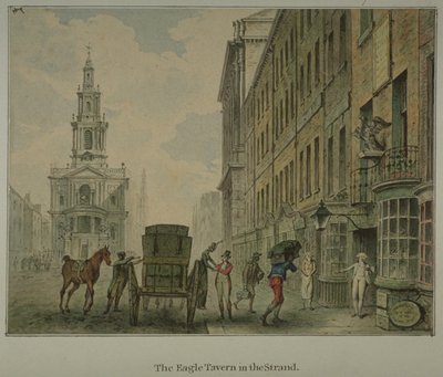 Ansicht der Eagle Tavern in der Strand, Westminster, mit einem Mann, der Waren von einem Pferdewagen auf der Straße entlädt, und St Mary le Strand in der Ferne, um 1800 (Aquarell auf Papier) von English School