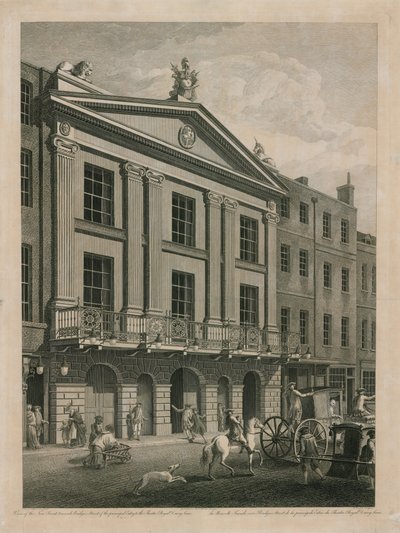 Ansicht der neuen Front, in Richtung Bridges Street, des Haupteingangs zum Theatre Royal Drury Lane von English School
