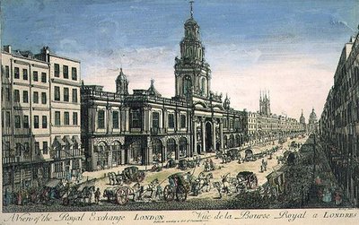 Ansicht der Royal Exchange, London, graviert von Pierre Moithey von English School