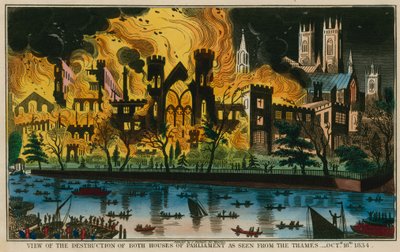 Ansicht der Zerstörung beider Parlamentshäuser vom Thames aus gesehen, 16. Oktober 1834 von English School