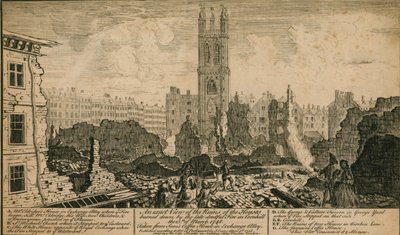 Ansicht der Ruinen der durch das Feuer in Cornhill, London, am 25. März 1748 niedergebrannten Häuser von English School