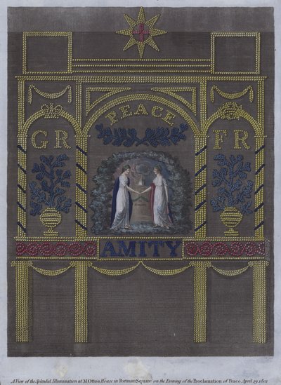 Ansicht der prächtigen Beleuchtung im Haus von Herrn Otto am Portman Square, London, am Abend der Friedensproklamation, 29. April 1802 von English School