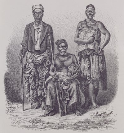 Dorfhäuptling der Loango-Küste, mit Frau und Würdenträger, graviert nach einem Foto von Dr. Falkenstein, aus 