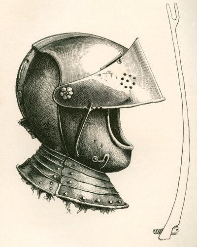 Visierhelm aus ca. 1643. Das Stück an der Seite ist die Visierstütze, in voller Größe, verwendet, um das Visier in verschiedenen Winkeln zu halten, je nach verwendetem Kerbe, aus Die britische Armee: Ihre Ursprünge, Fortschritte und Ausrüstung, veröffentli von English School