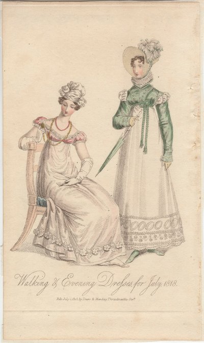 Spazier- und Abendkleider für Juli 1818, veröffentlicht von Dean & Munday von English School