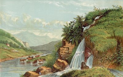 Wasserfall und Vieh von English School