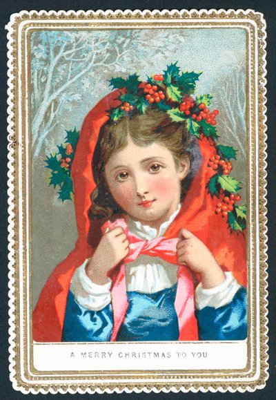 Schal mit Stechpalme geschmückt tragen, Weihnachtskarte von English School