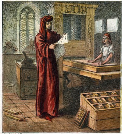 William Caxton (1422-1491), erster englischer Drucker, in seiner Werkstatt mit einer Druckerpresse. William Caxton, der erste englische Drucker von English School