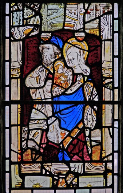 Fenster Ew, Darstellung von St. Anna, Joachim, der Jungfrau Maria und dem Christkind von English School