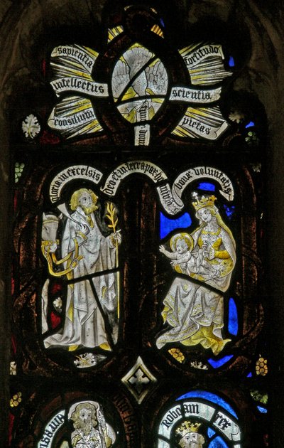 Fenster Ew, Jessebaum-Figuren: herabsteigende Gaben des Geistes in die Geburt Christi mit der Jungfrau Maria und ?Joseph mit Pferd/Esel von English School