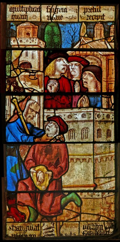 Fenster SaEw, Szene aus einer Legende des Heiligen Nikolaus: Der Teufel erwürgt einen Jungen, der ihm am Nikolaustag Essen anbot von English School