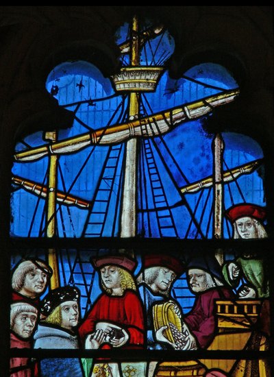 Fenster SaEw, Szene aus einer Legende des Heiligen Nikolaus: Die Getreideschiffe entladen in Myra von English School