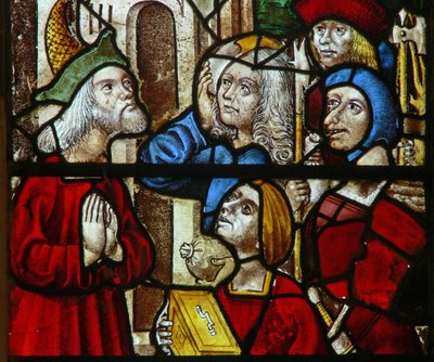 Fenster SaEw, Szene aus einer Legende des Heiligen Nikolaus: Diebe geben den gestohlenen Schatz zurück von English School