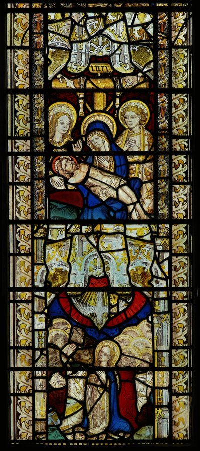 Fenster, das die Pietà und Pfingsten darstellt von English School
