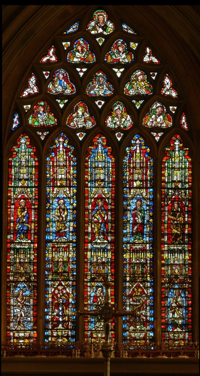 Fenster e-1 mit Noah, Abraham, David, Jesaja und Maleachi; Eva, die Schlange, Jungfrau und Kind, die Eherne Schlange und Moses von English School