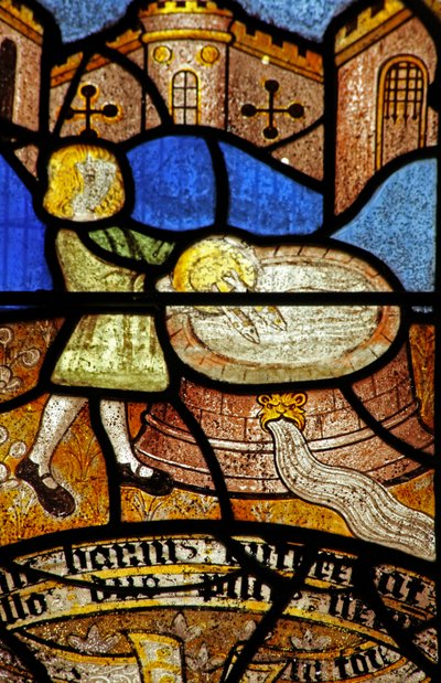 Fenster Nr. 5 zeigt St. Neot - die Fische werden in den Brunnen zurückgebracht von English School