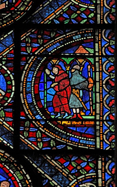 Fenster n7, Szene aus dem Leben von St. Thomas Becket: ein bewaffneter Ritter und ein Mönch von English School