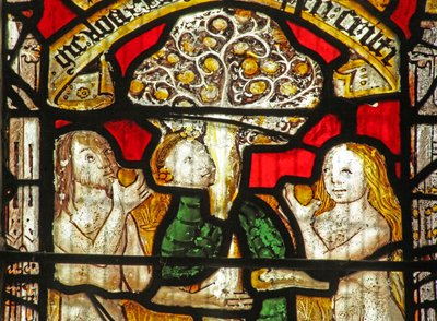 Fenster Nr. 1 zeigt die Geschichte von Adam und Eva: die Schlange verführt von English School
