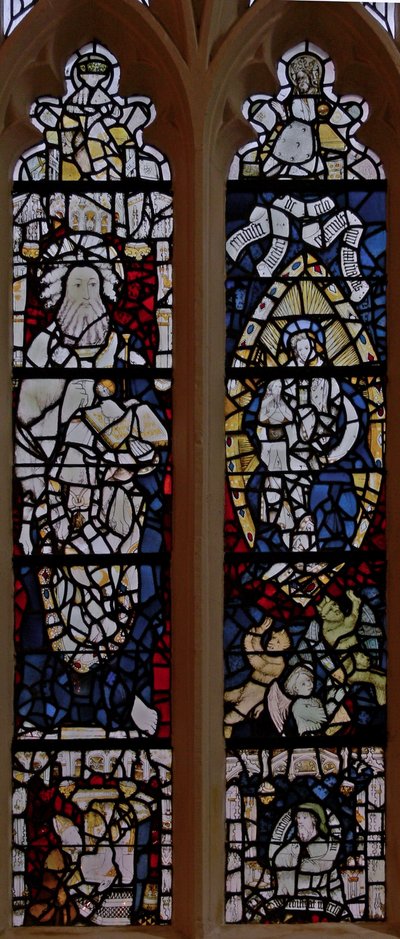 Fenster S2 mit St. Johannes dem Täufer; Frau, bekleidet mit der Sonne und dem Mond unter ihren Füßen, mit dem Knaben im Buch der Offenbarung von English School