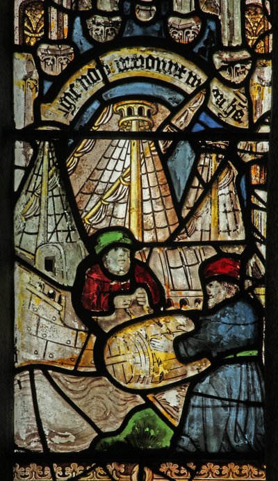 Fenster s2, die Geschichte der Arche Noah darstellend: Beladung der Arche von English School