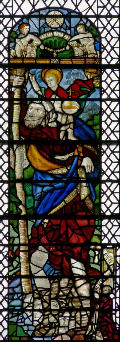 Fenster w36, Darstellung von St. Christophorus - eine hybride Figur aus französischem Glas des 16. Jahrhunderts und englischem Glas des 15. Jahrhunderts, zusammengesetzt 1956 von English School