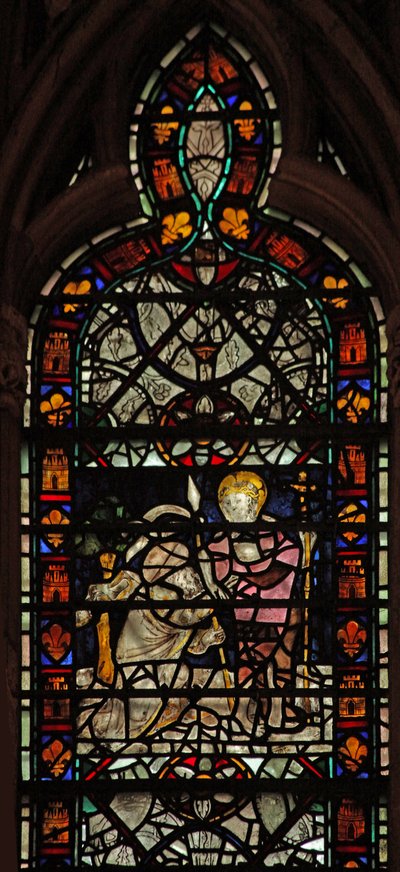 Fenster w58 mit dem ungläubigen hl. Thomas; Grisaille und Rand von English School