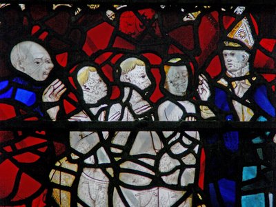 Fenster w6, Szene aus einer Legende von St. Nikolaus: das Wunder der 3 Jungen: die drei Jungen in der Wanne darstellend von English School