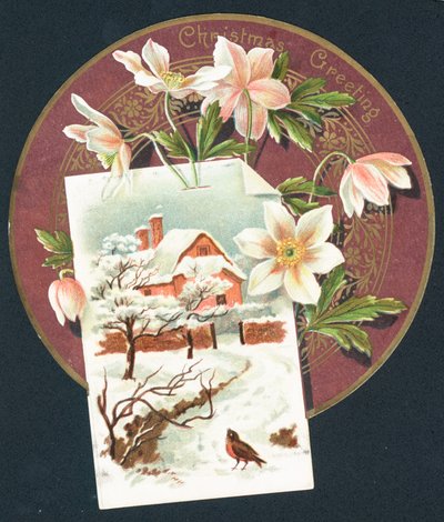 Winterszene mit Hütte und Rotkehlchen, Weihnachtskarte von English School