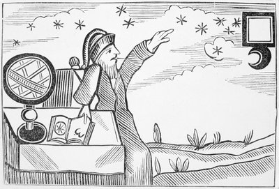 Zauberer, der den Mond und die Sterne konsultiert, Illustration aus einer Sammlung von Heftromanen über Esoterik von English School