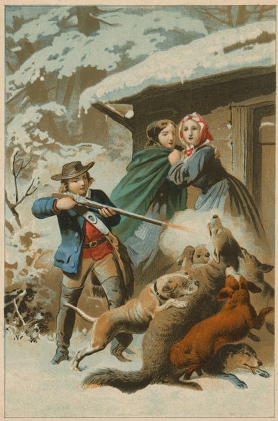 Wolf wird von Hunden angegriffen, während ein junger Mann ein Gewehr abfeuert von English School