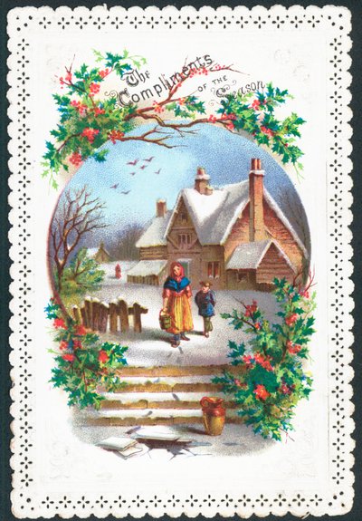 Frau und Junge gehen im Schnee, Weihnachtskarte von English School