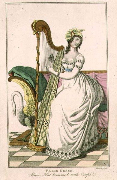 Frau in einem Pariser Kleid und einem Strohhut mit Krepp, die Harfe spielt, Illustration aus dem 