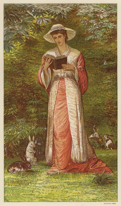 Frau liest ein Buch in einem Garten mit Kaninchen von English School