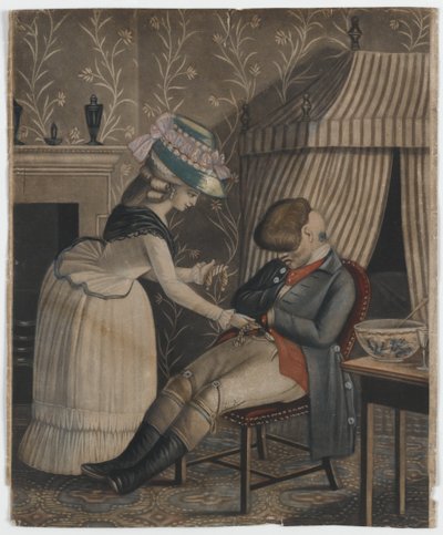 Frau stiehlt eine Strumpftasche und eine Taschenuhr von einem schlafenden Mann, ca. 1790 von English School