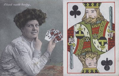 Frau mit Spielkarten und dem König der Keulen (Farblithografie) von English School