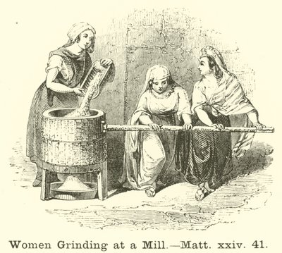 Frauen mahlen an einer Mühle von English School