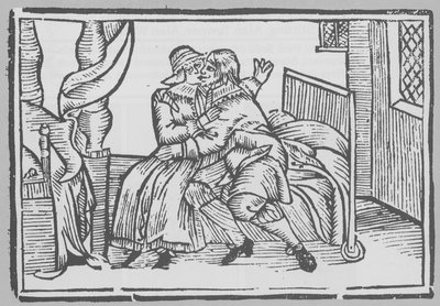 Holzschnitt, der einen Mann und eine Frau auf einem Bett zeigt von English School