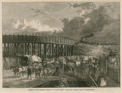 Arbeiten an der Midland Railway bei Kings Cross, London; provisorische Brücke, Old St Pancras Road von English School