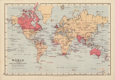 Weltkarte mit britischen Besitzungen und Abhängigkeiten von English School