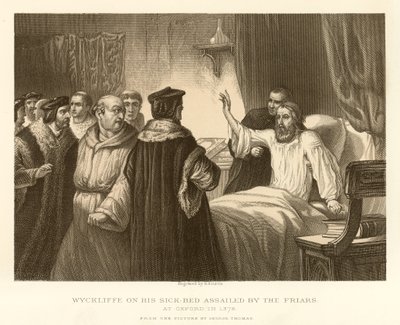 Wyckliffe auf seinem Krankenbett von den Mönchen angegriffen von English School