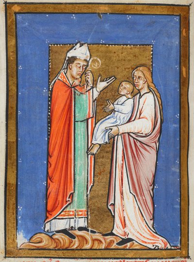 Yates Thompson 26 f.62v St. Cuthbert heilt ein Kind mit der Pest, Illustration aus dem 