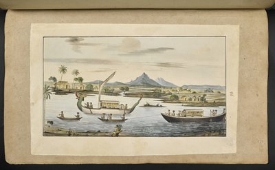 Flussszene in Java mit Booten, darunter ein drachenköpfiges Boot von English School
