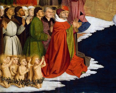 Taufe von Männern und Kindern, Detail aus der Krönung der Jungfrau Altarbild von Enguerrand Quarton