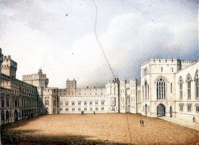 Worcester-Plakette, die den Innenhof von Windsor Castle darstellt, eine von einem Paar, ca. 1830-40 von Enoch Doe